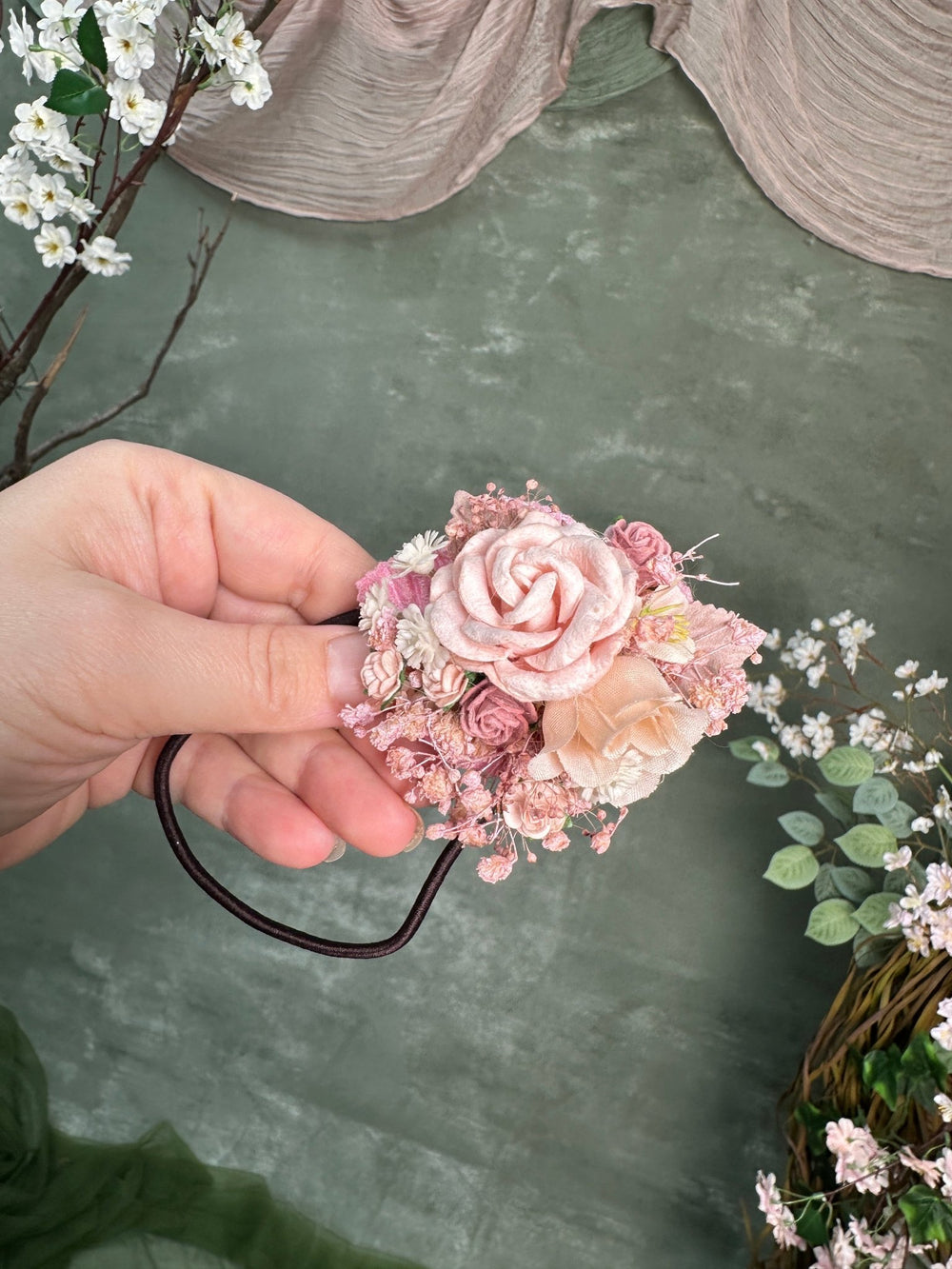 Pink Floral Hair Tie with Roses and Gypsophila – handmade floral hair accessory by magaela