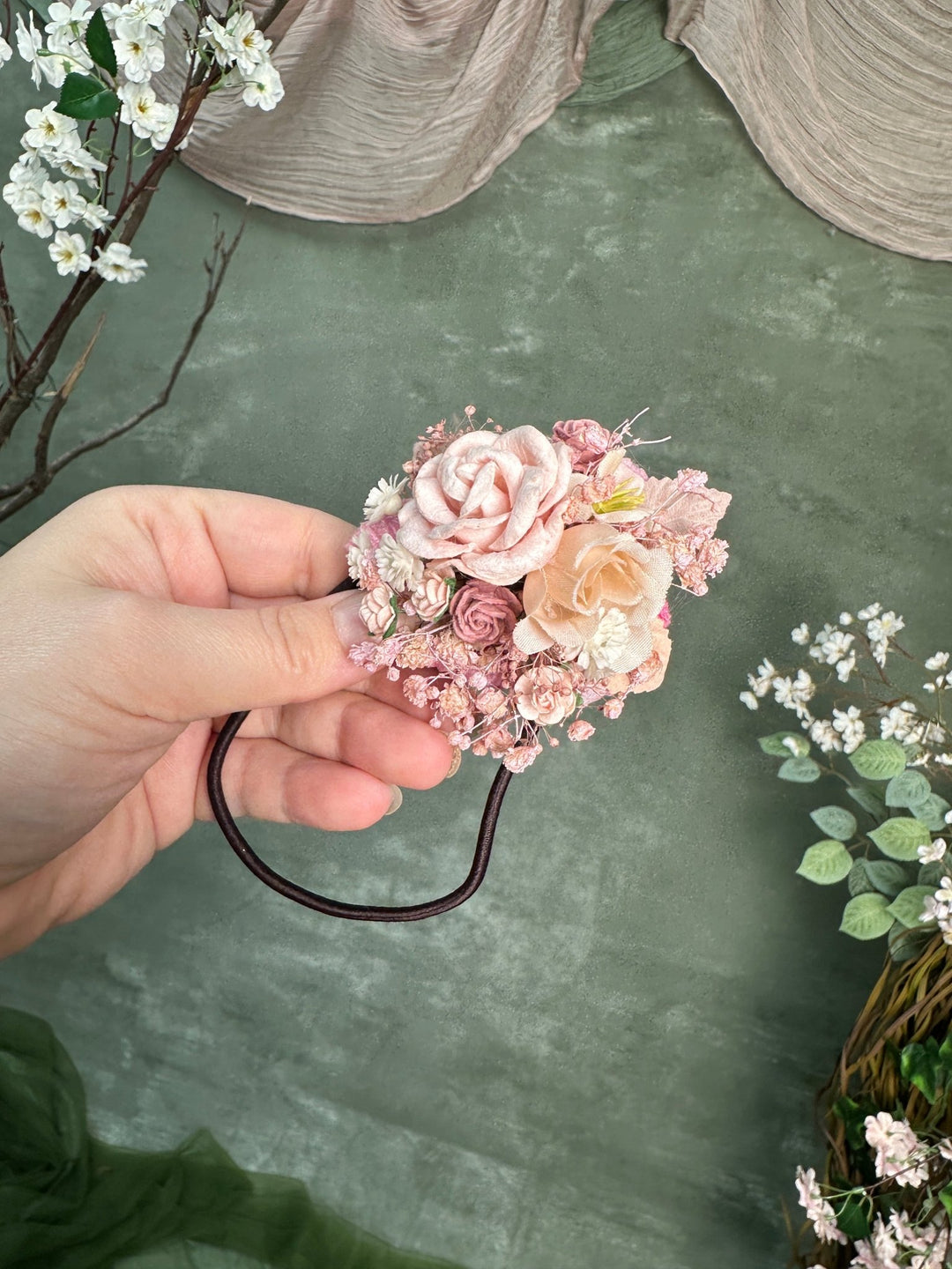 Pink Floral Hair Tie with Roses and Gypsophila – handmade floral hair accessory by magaela