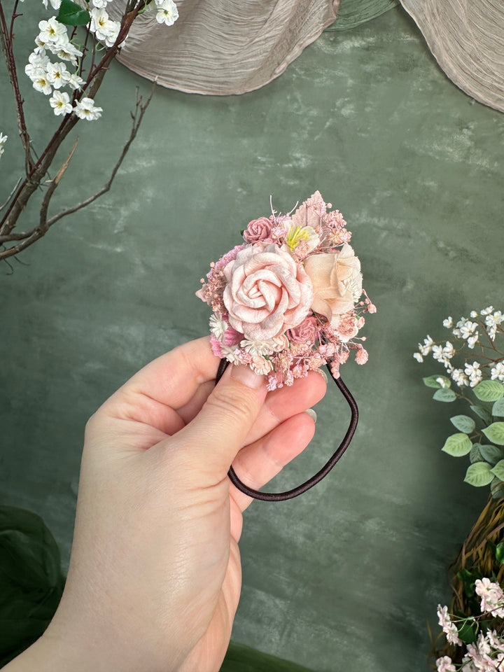 Pink Floral Hair Tie with Roses and Gypsophila – handmade floral hair accessory by magaela