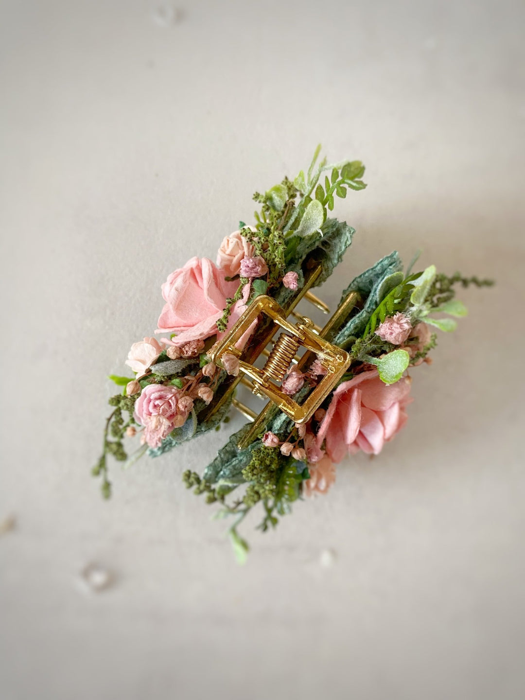 Romantic hair claw clip - dusty pink roses and greenery hair clip – handmade floral hair accessory by magaela