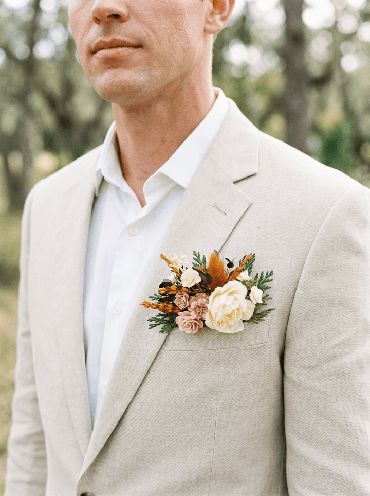 Terracotta Pocket Corsage: Autumn Wedding Groom Accessory – handmade floral hair accessory by magaela