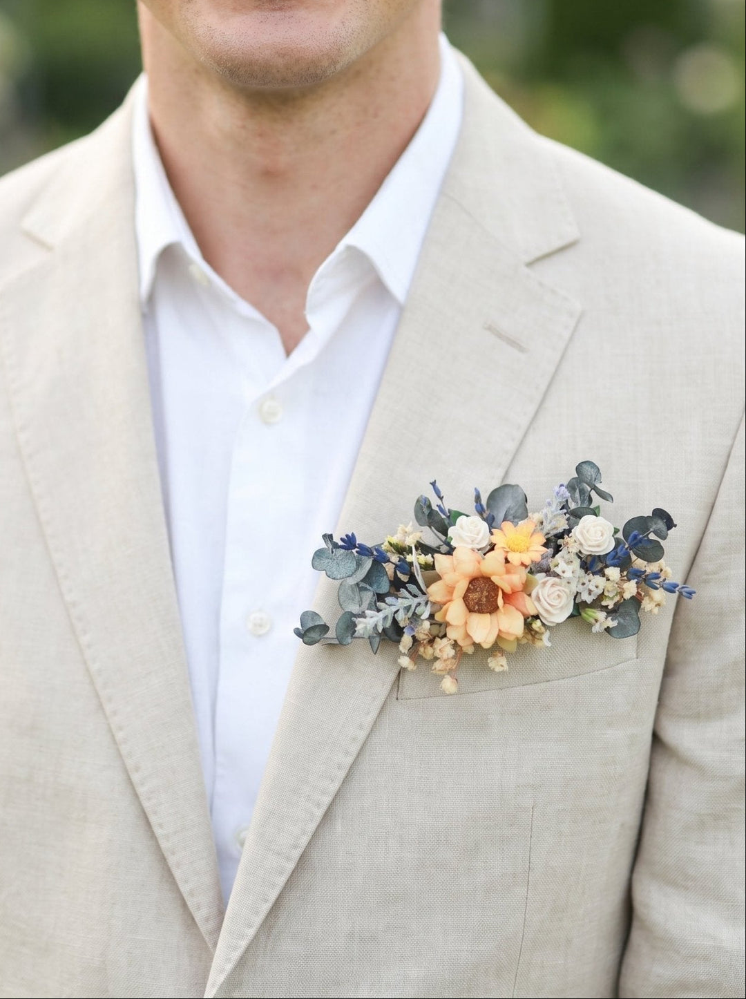 Sunflower Wildflower Bridal Bouquet with Lavender and White Roses – handmade floral hair accessory by magaela