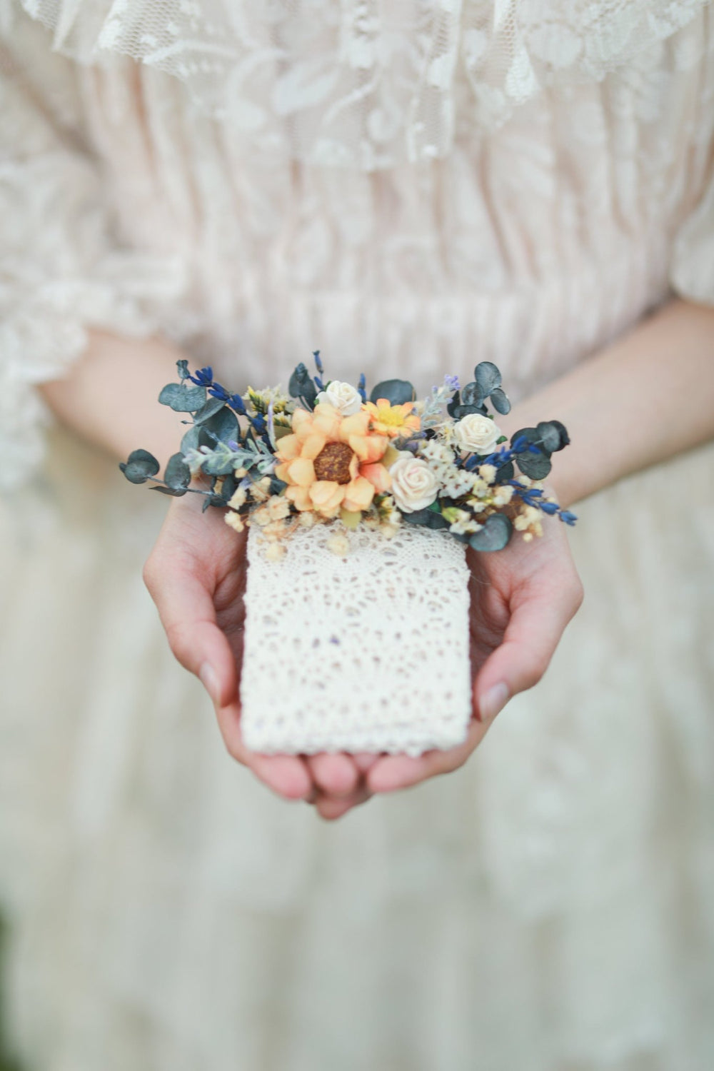 Sunflower Wildflower Bridal Bouquet with Lavender and White Roses – handmade floral hair accessory by magaela