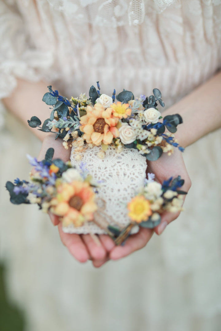 Sunflower Wildflower Bridal Bouquet with Lavender and White Roses – handmade floral hair accessory by magaela
