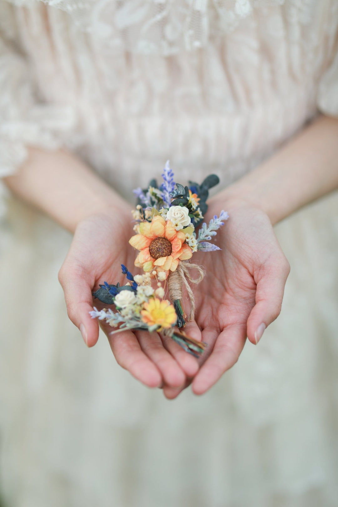 Sunflower Wildflower Bridal Bouquet with Lavender and White Roses – handmade floral hair accessory by magaela