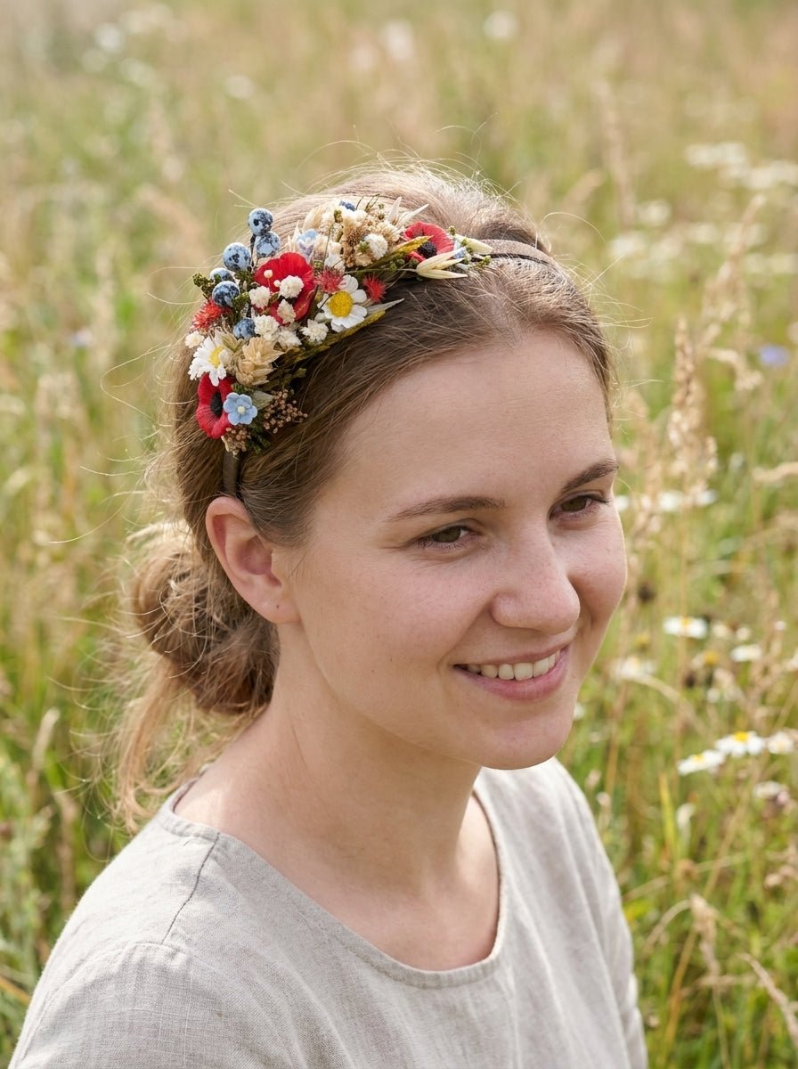 Poppy Meadow Headband with Daisies and Blueberries – handmade floral hair accessory by magaela