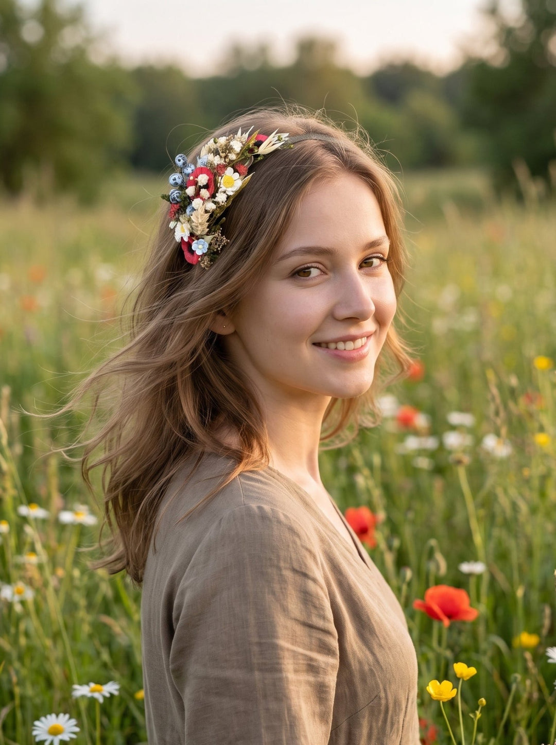 Poppy Meadow Headband with Daisies and Blueberries – handmade floral hair accessory by magaela