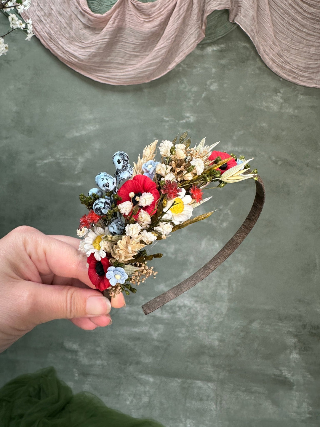 Poppy Meadow Headband with Daisies and Blueberries – handmade floral hair accessory by magaela