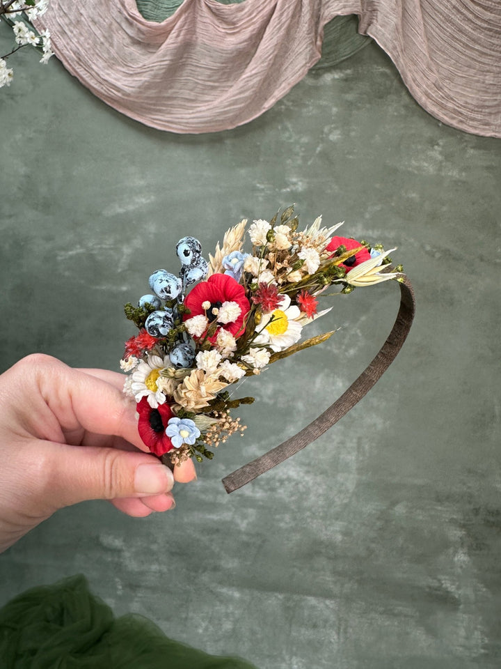 Poppy Meadow Headband with Daisies and Blueberries – handmade floral hair accessory by magaela
