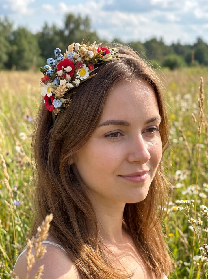Poppy Meadow Headband with Daisies and Blueberries – handmade floral hair accessory by magaela