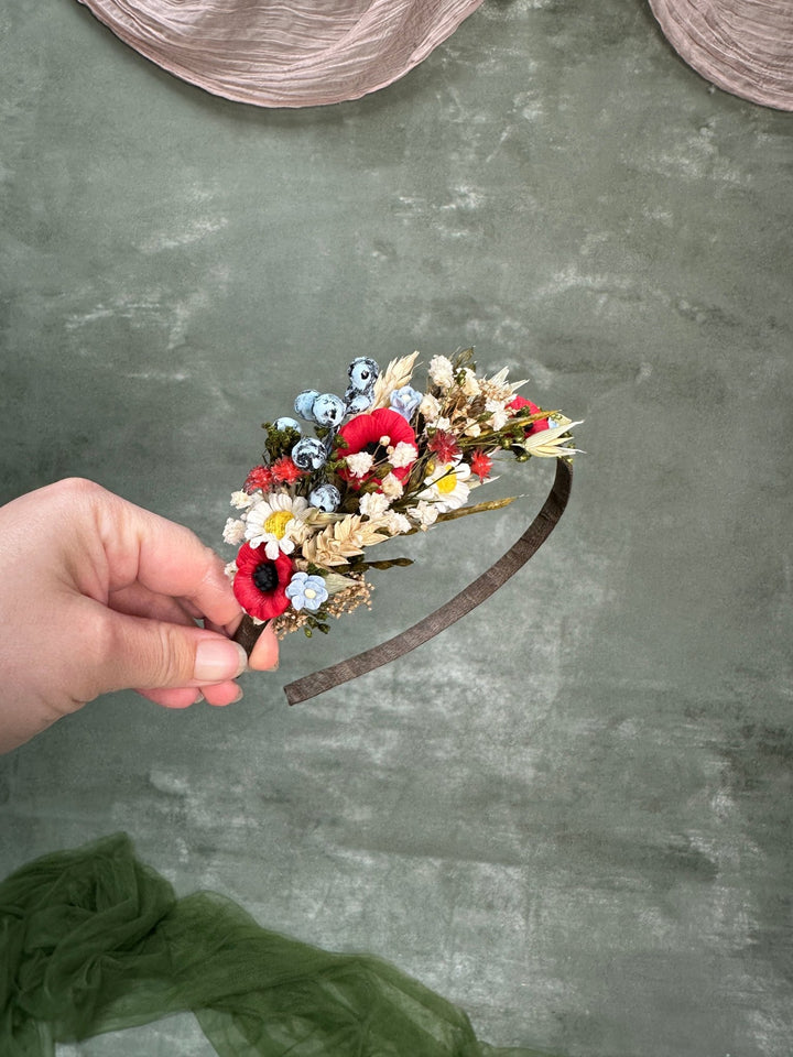 Poppy Meadow Headband with Daisies and Blueberries – handmade floral hair accessory by magaela