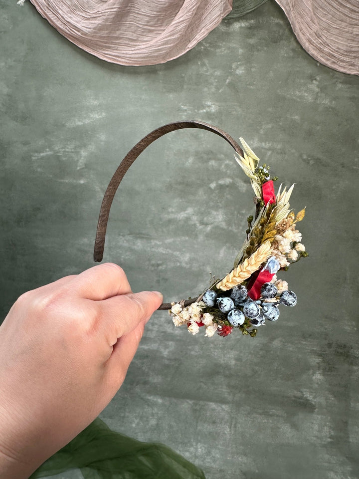 Poppy Meadow Headband with Daisies and Blueberries – handmade floral hair accessory by magaela