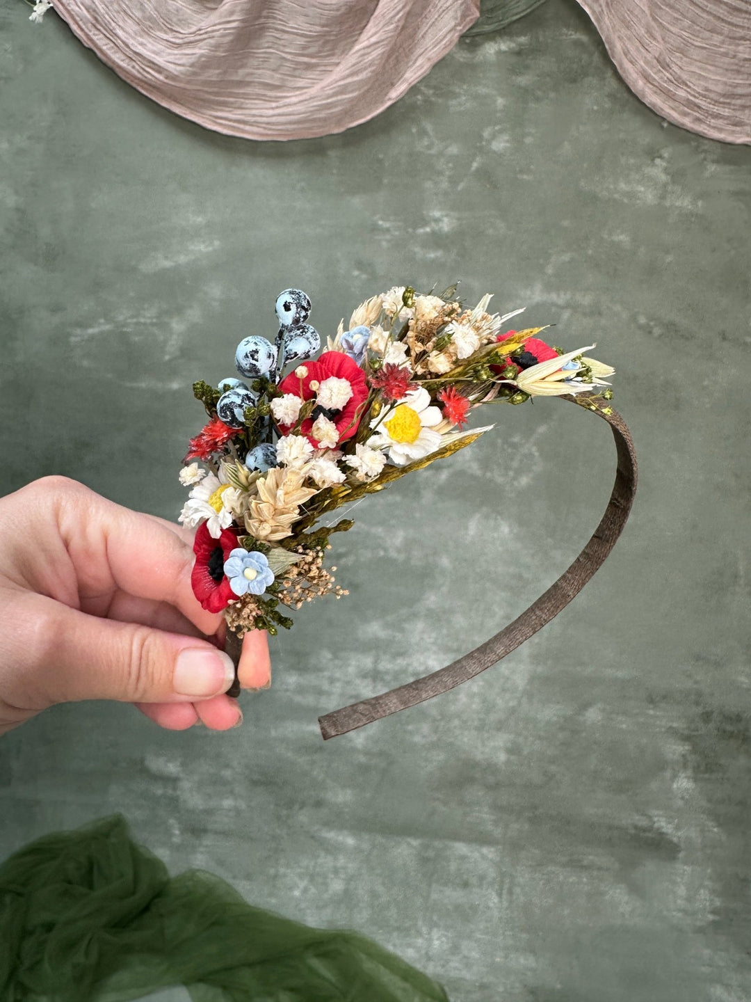 Poppy Meadow Headband with Daisies and Blueberries – handmade floral hair accessory by magaela