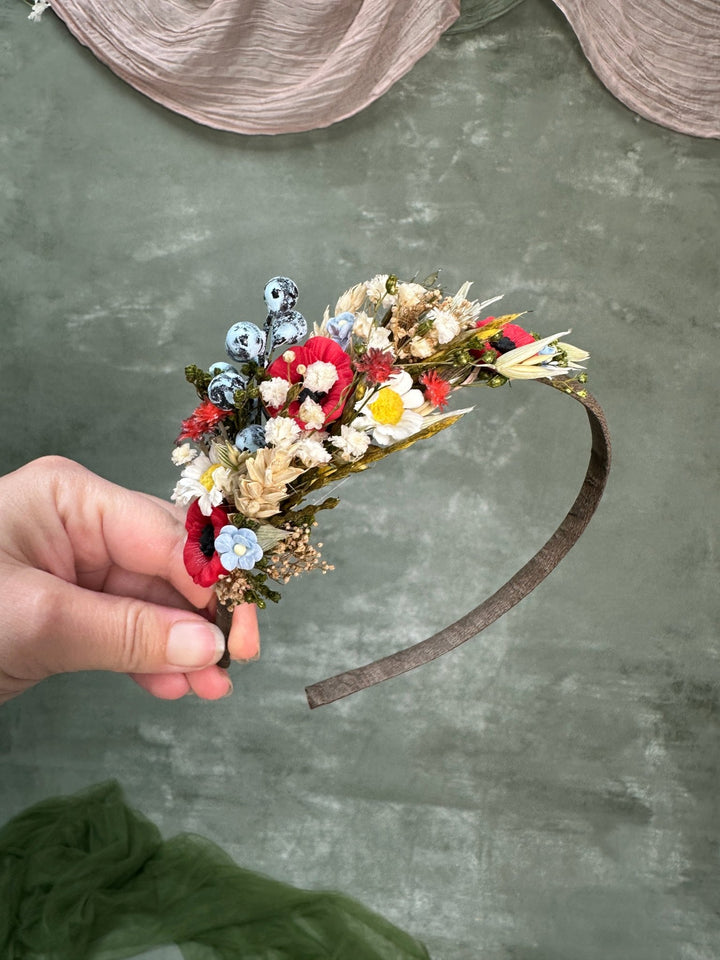 Poppy Meadow Headband with Daisies and Blueberries – handmade floral hair accessory by magaela