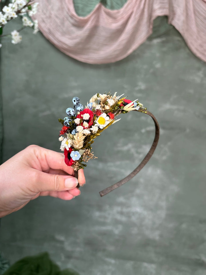 Poppy Meadow Headband with Daisies and Blueberries – handmade floral hair accessory by magaela