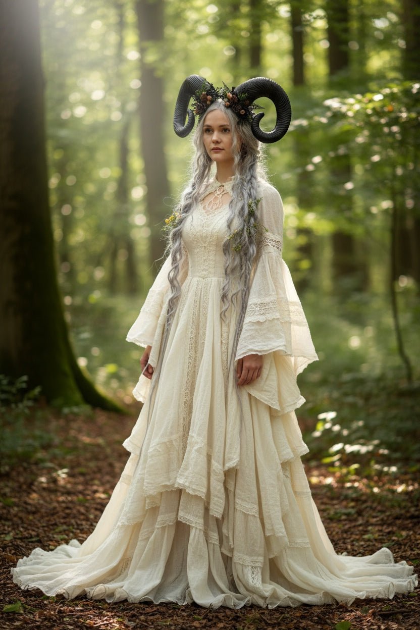 Woodland Horned Crown – Mutton Horn Headband | Fairycore & Pagan Headpiece – handmade floral hair accessory by magaela