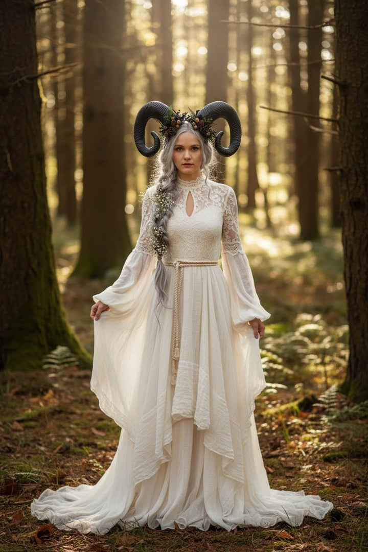 Woodland Horned Crown – Mutton Horn Headband | Fairycore & Pagan Headpiece – handmade floral hair accessory by magaela