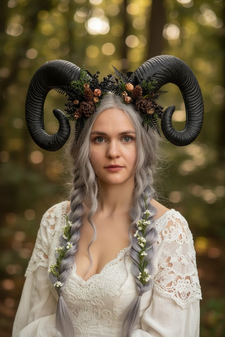 Woodland Horned Crown – Mutton Horn Headband | Fairycore & Pagan Headpiece – handmade floral hair accessory by magaela