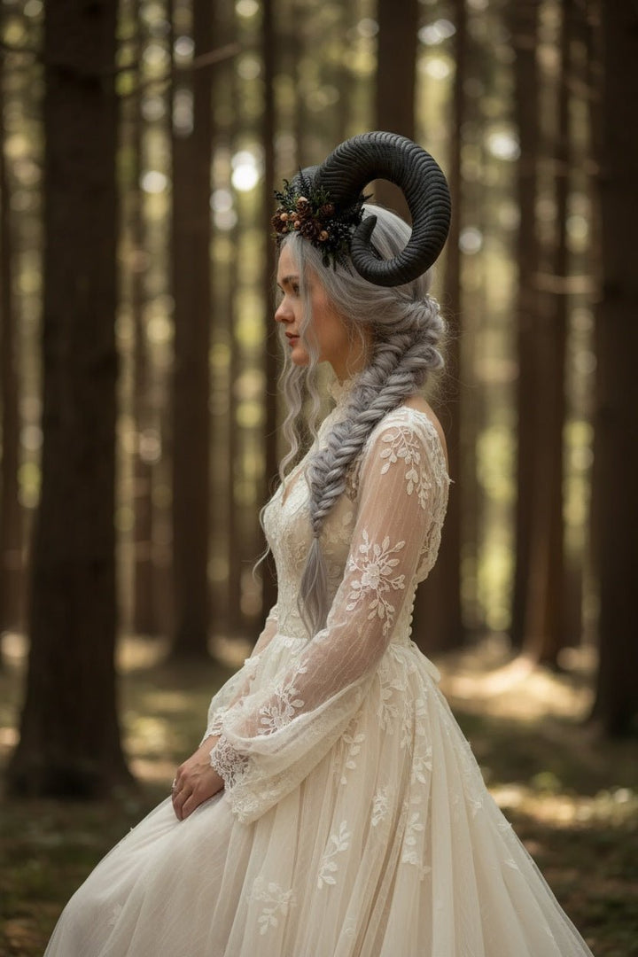Woodland Horned Crown – Mutton Horn Headband | Fairycore & Pagan Headpiece – handmade floral hair accessory by magaela