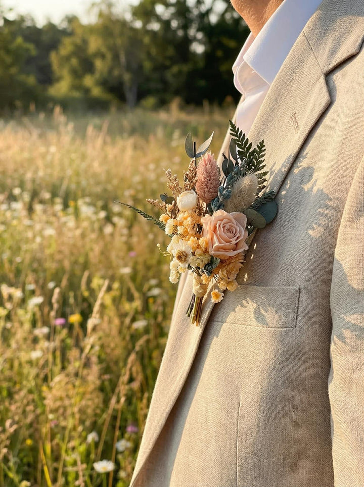 Blush and Greenery Wedding Boutonniere – Dried Flower Groom Boutonniere – handmade floral hair accessory by magaela