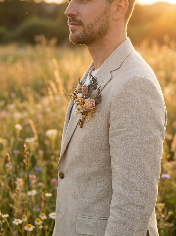 Blush and Greenery Wedding Boutonniere – Dried Flower Groom Boutonniere – handmade floral hair accessory by magaela