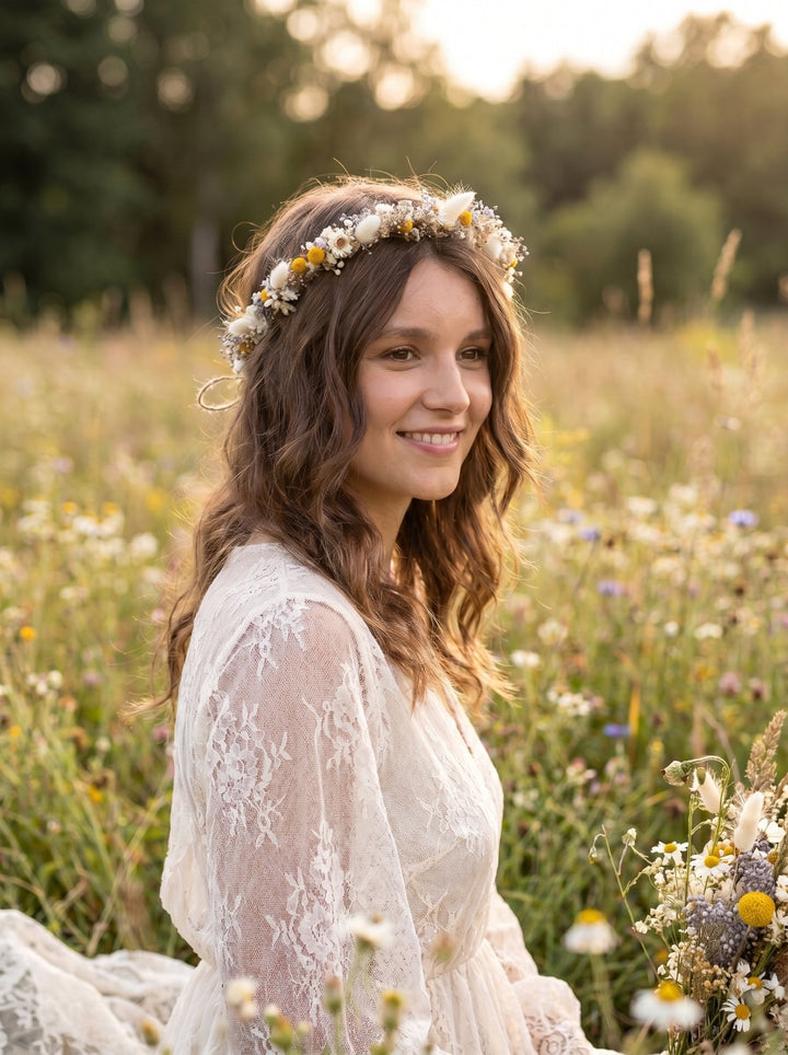 Preserved Flower Bridal Crown: Cottagecore Wedding Hair Wreath – handmade floral hair accessory by magaela