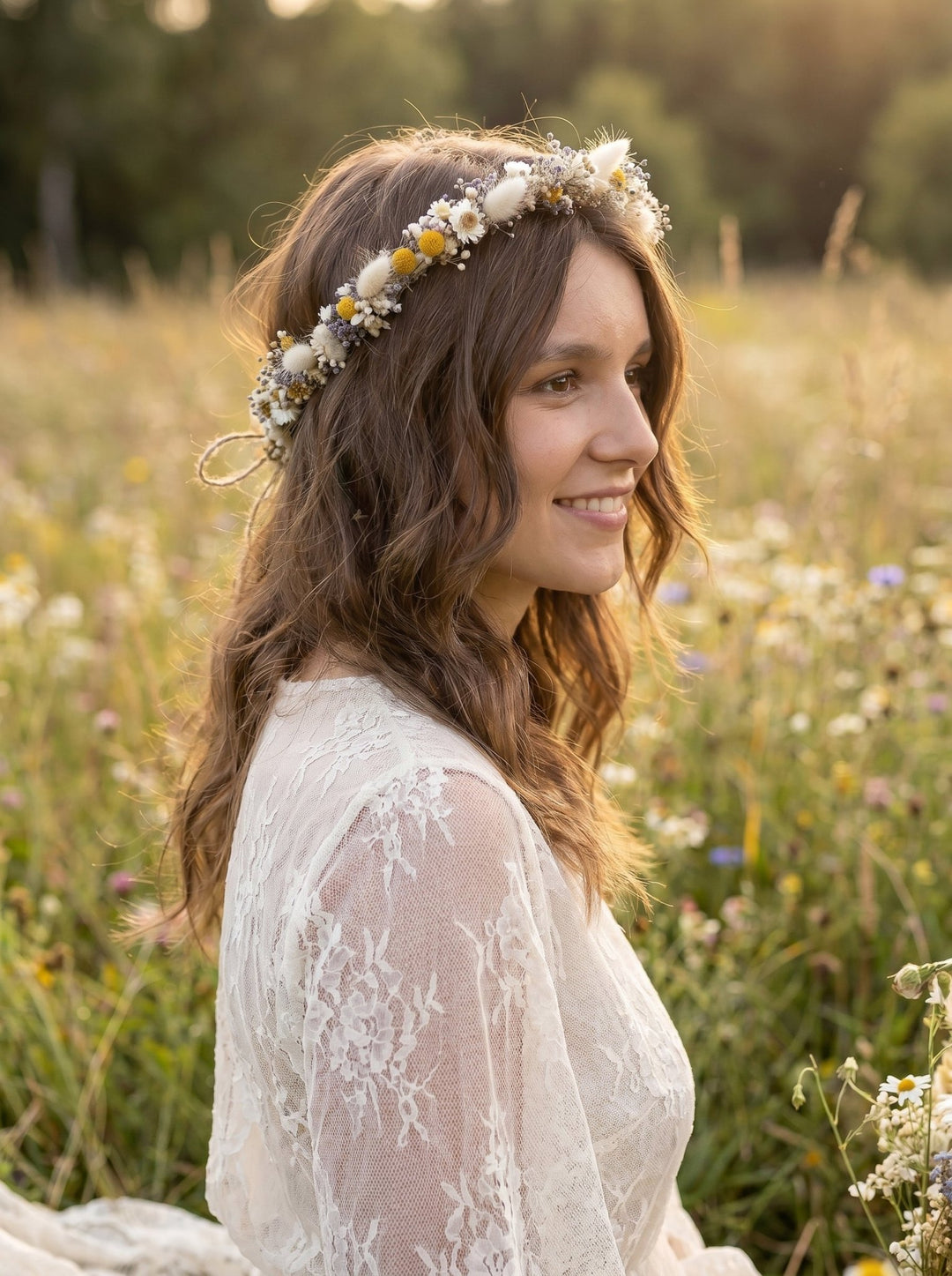 Preserved Flower Bridal Crown: Cottagecore Wedding Hair Wreath – handmade floral hair accessory by magaela