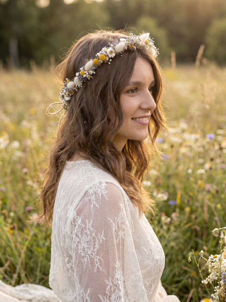 Preserved Flower Bridal Crown: Cottagecore Wedding Hair Wreath – handmade floral hair accessory by magaela
