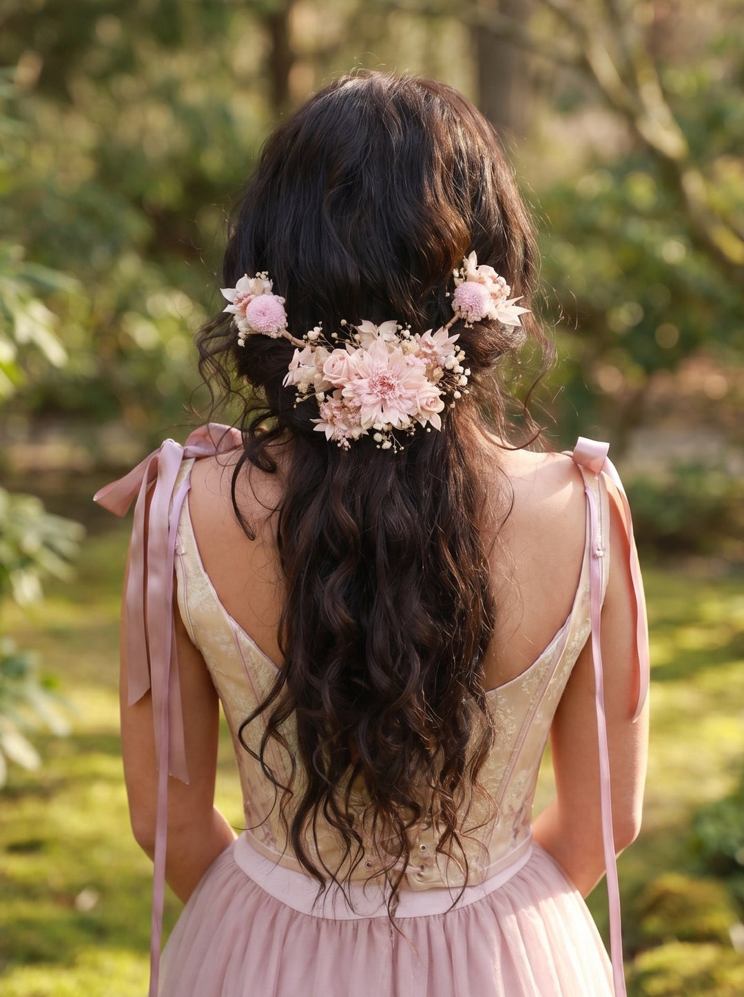 Woman in a pink dress with floral hair accessories standing in a garden.