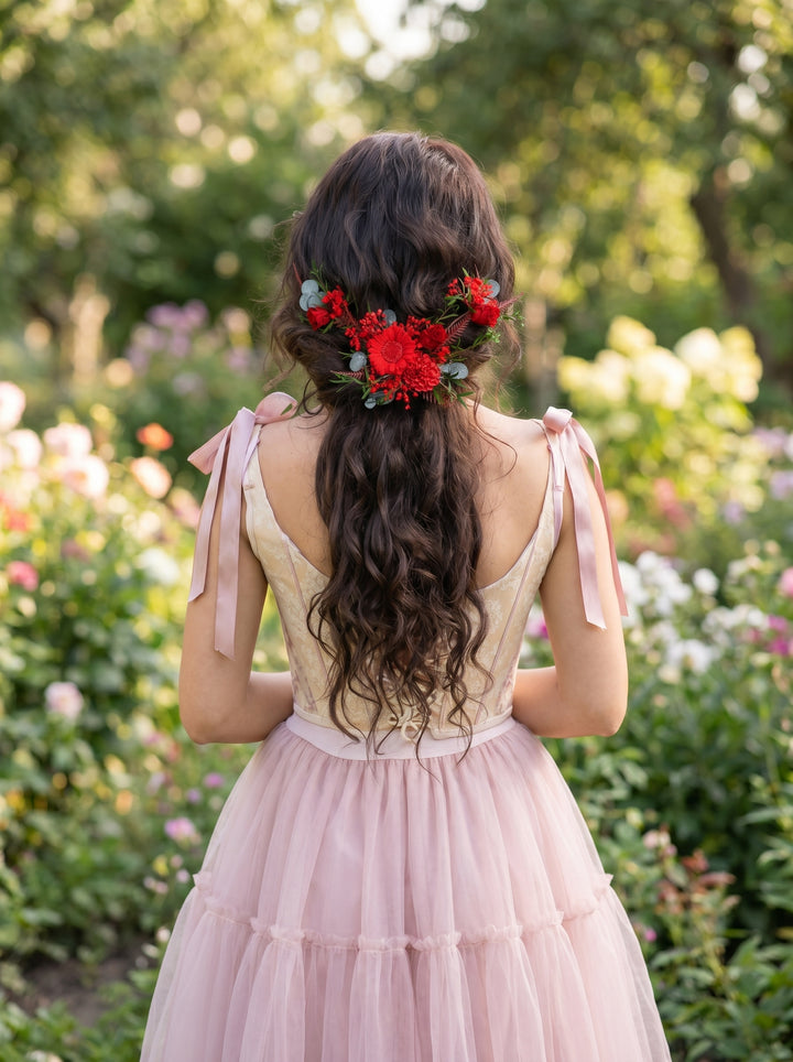 Woman in a pink dress with preserved red hair comb in her hair standing in a garden.