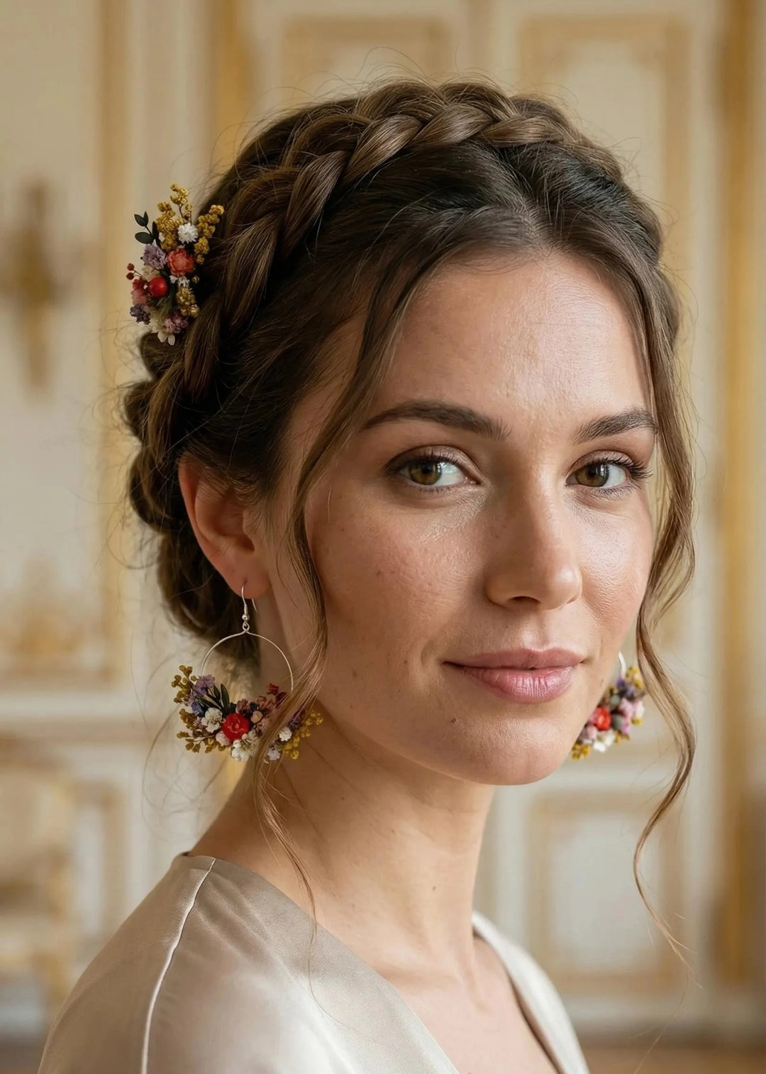 Woman with braided hair and floral accessories in an elegant indoor setting