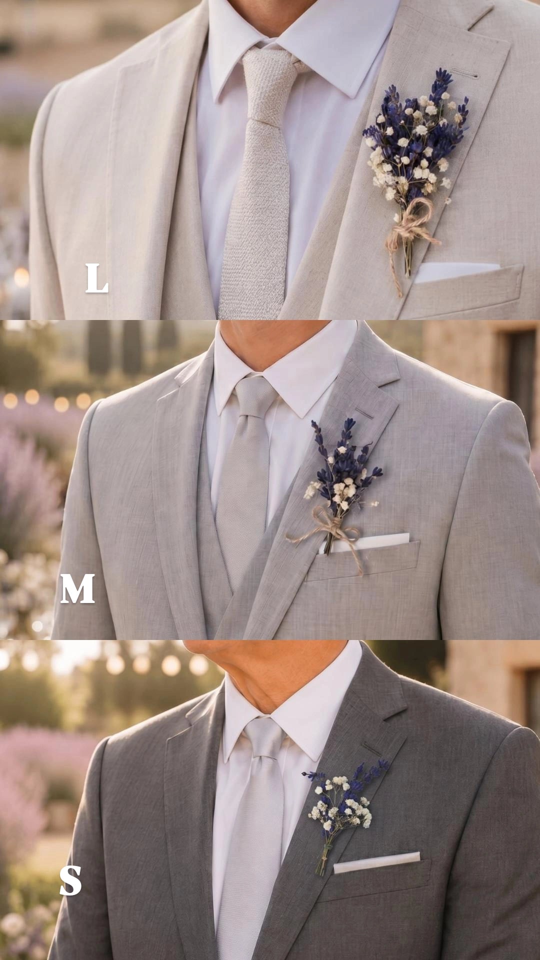 Three views of a gray suit with a floral boutonniere and pocket square.