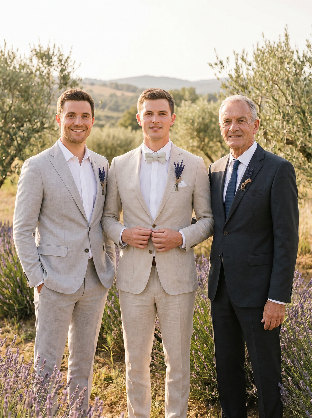 Three men in suits standing in a field with lavender and olive trees.