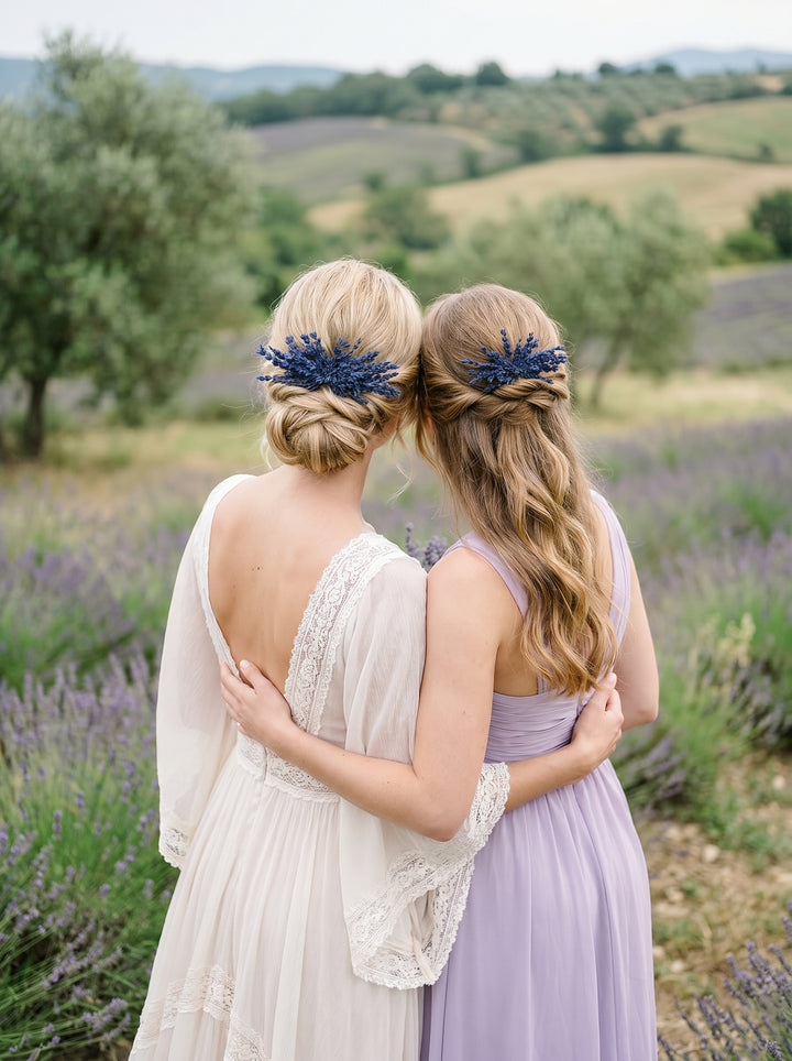 Two women with styled hair standing in a lavender field with lavender hair combs