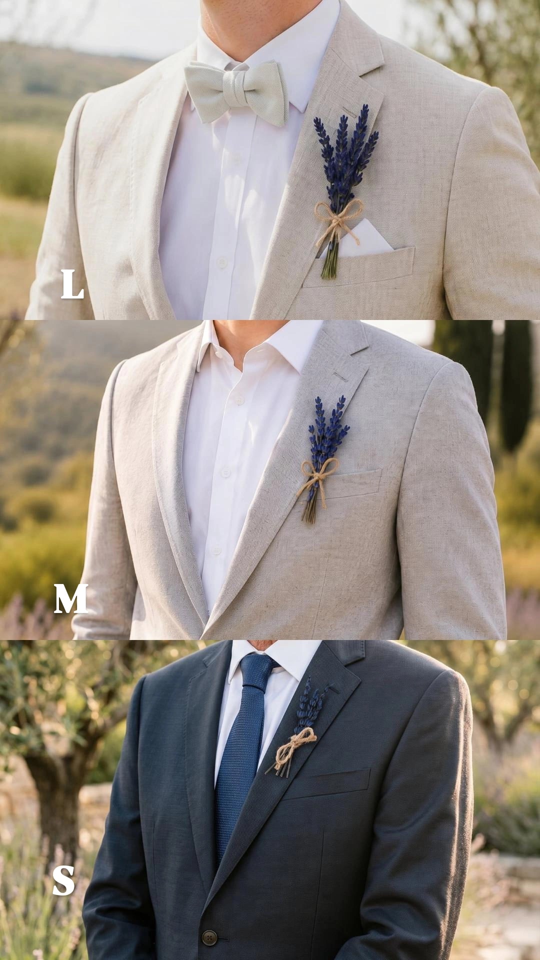 Three suits with different color options for a formal event, set against a blurred natural background.