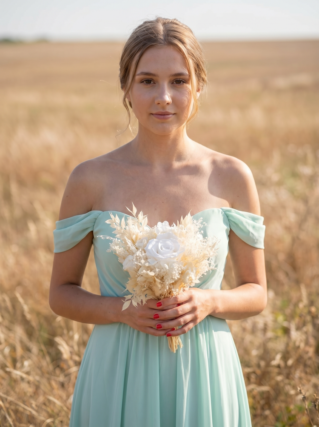 A woman standing in a dry grass field wearing an off-the-shoulder mint green dress and holding a dried floral bouquet.