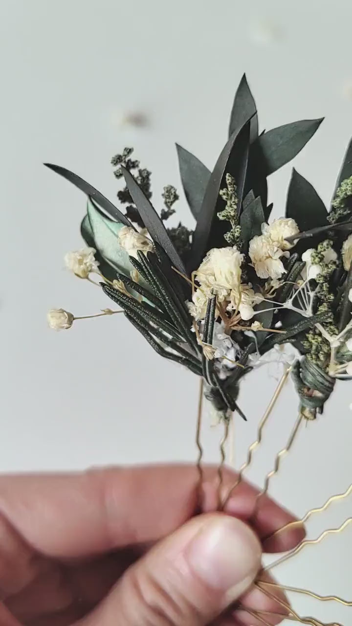 Greenery Bridal Hair Pins: Eucalyptus, Baby's Breath, Rosemary
