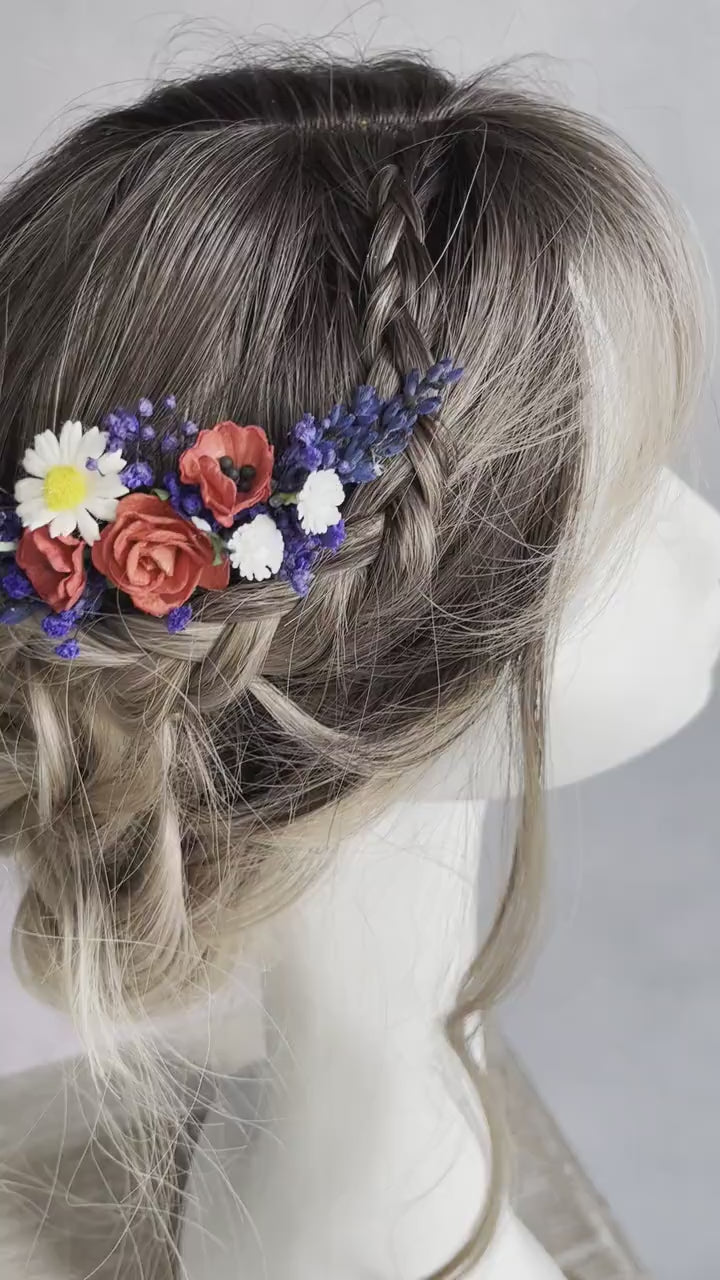 Lavender Poppy Flower Hair Comb: Natural Meadow Wedding Accessory