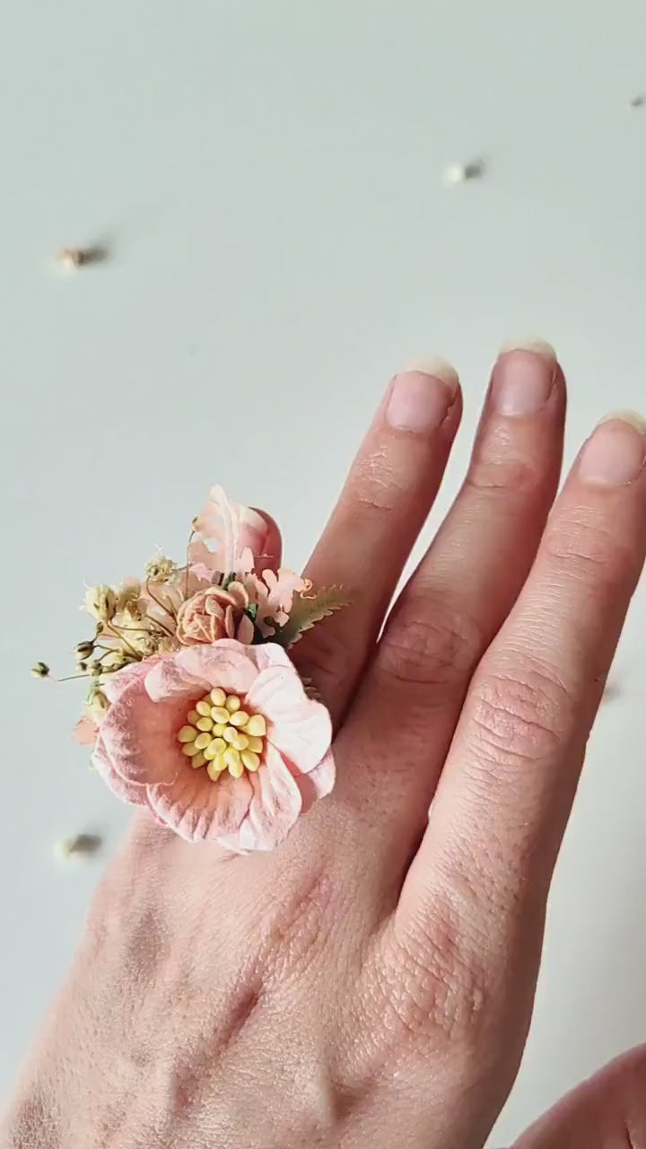 Pastel Peach Flower Ring: Boho Wedding Jewelry