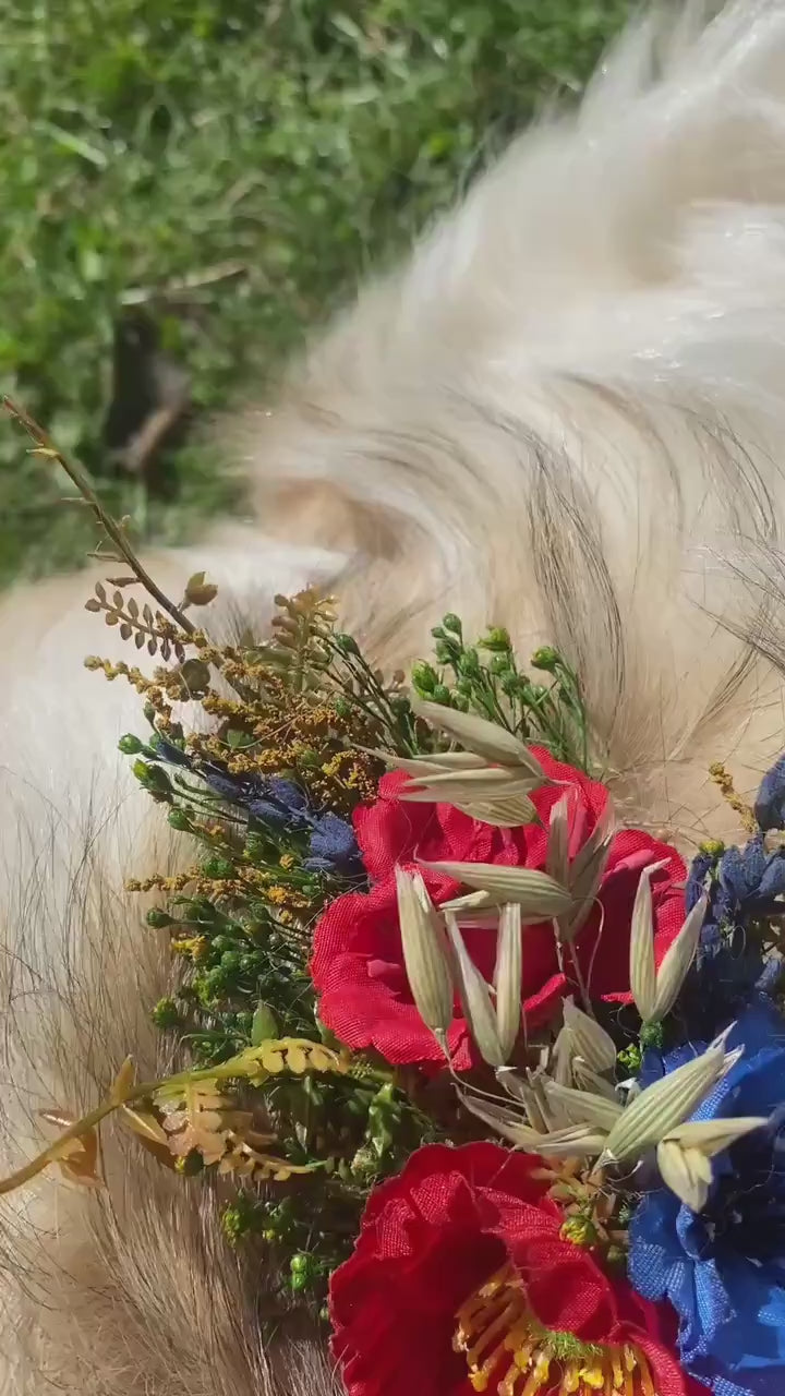 Floral Dog Collar: Poppy Folk Meadow Design - Wedding Accessory (M size)