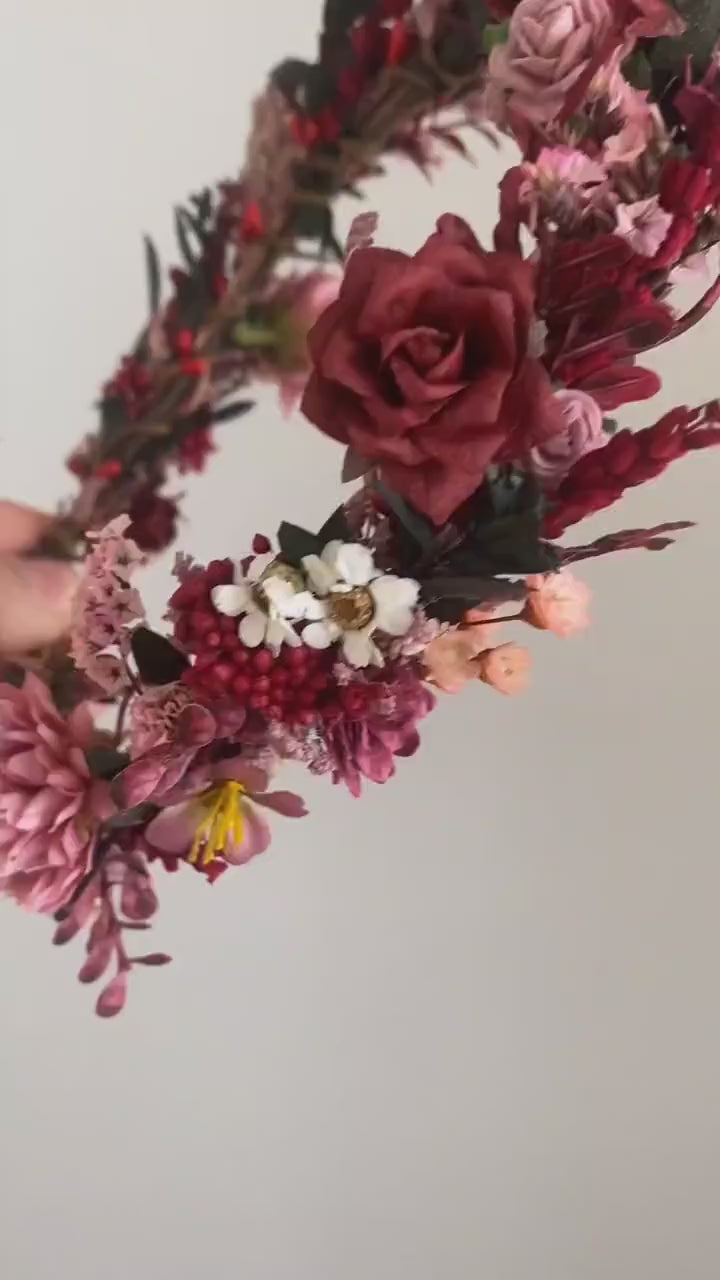 Burgundy Pink Flower Half Wreath: Boho Wedding Crown
