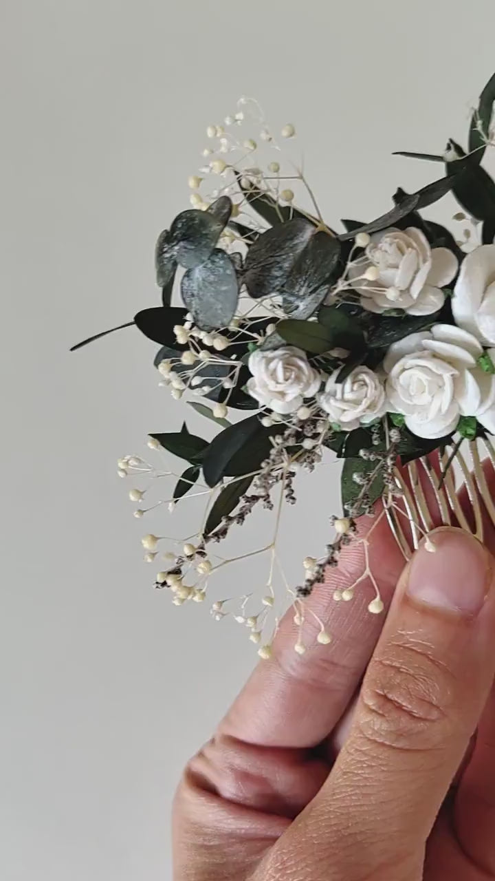 Bridal Flower Hair Comb: Romantic Greenery, White Roses