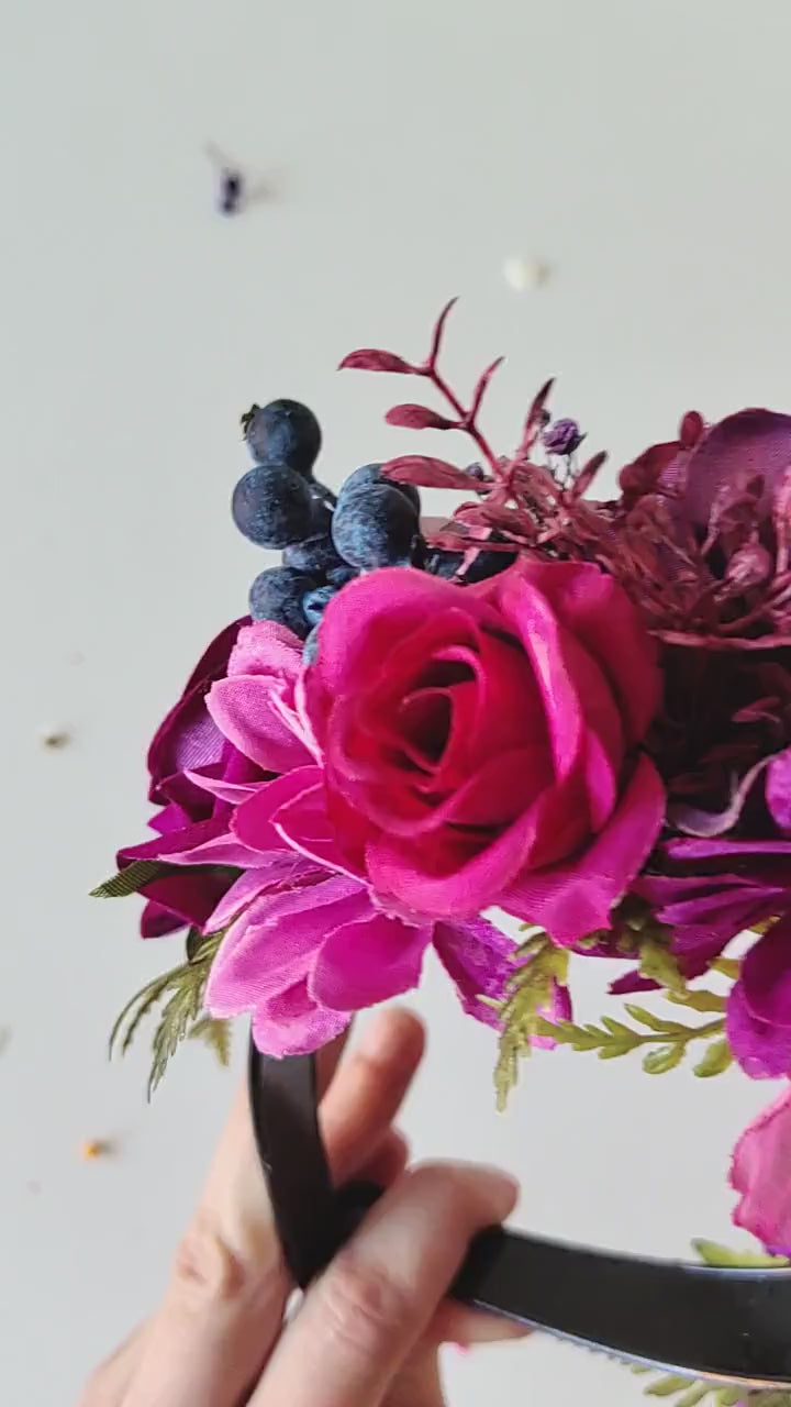 Magenta & Violet Frida Flower Headband: Boho Wedding Crown