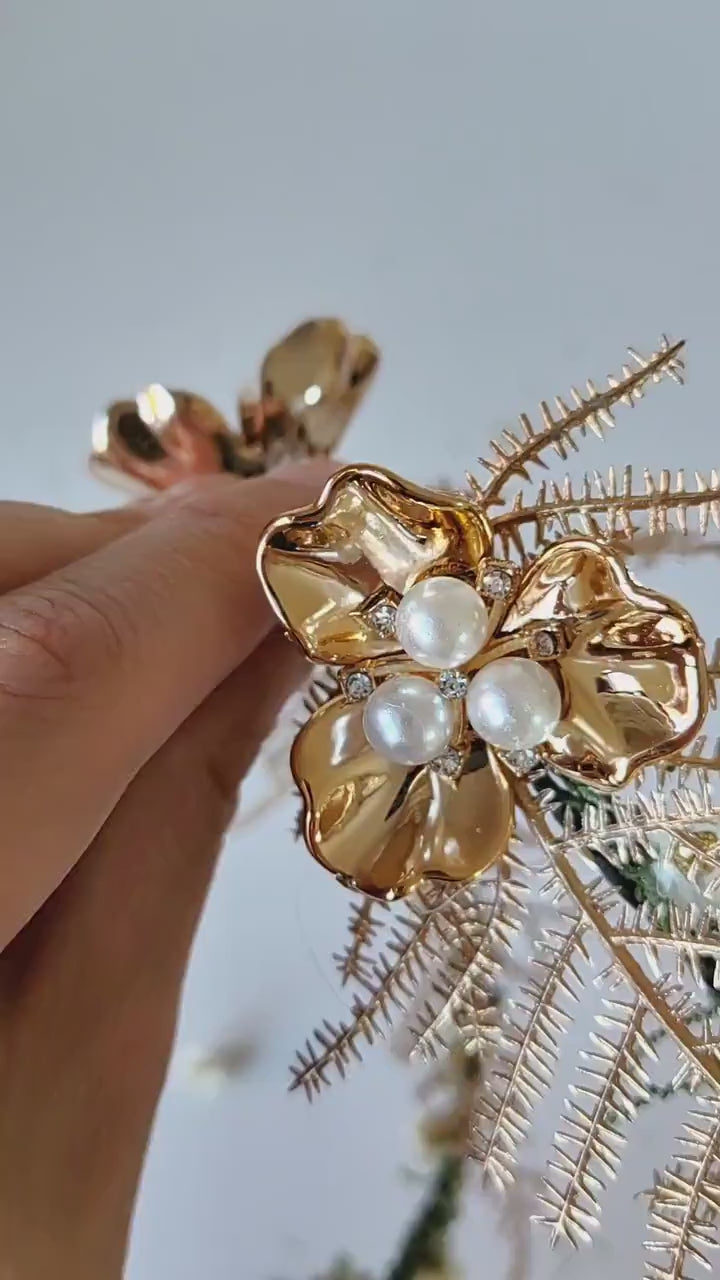 Gold Butterfly Bridal Tiara: Green Flower Pearl Crown