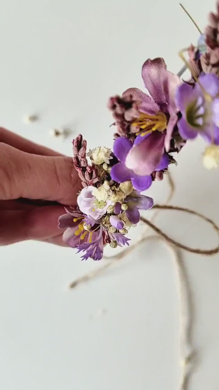 Purple Flower Hair Wreath: Romantic Bridal Headpiece