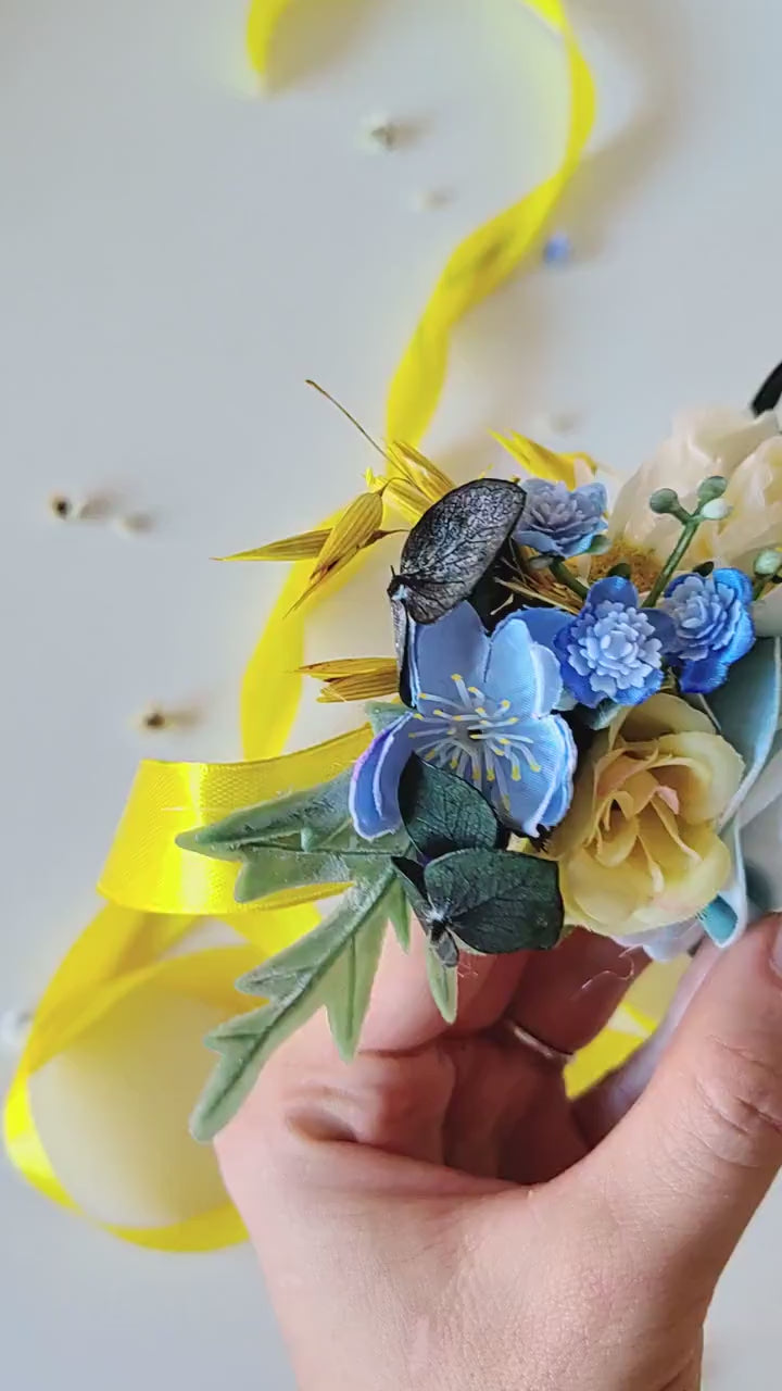 Yellow & Blue Flower Belt: Boho Bridal Dress Floral Accessory