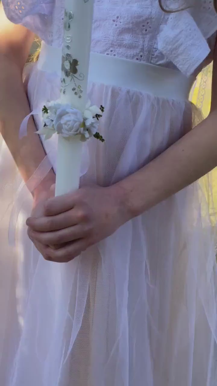 White Peony Communion Candle Decoration: Floral Wreath