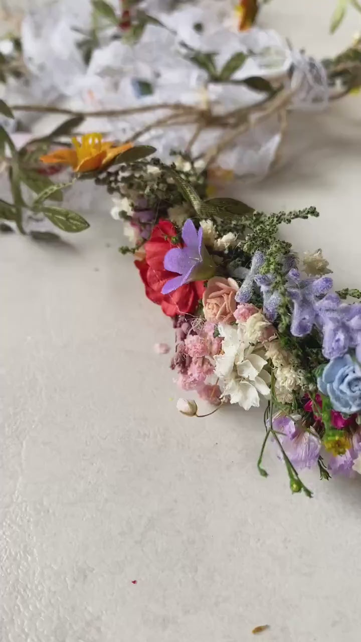 Boho Flower Crown with Veil: Romantic Meadow Bridal Headpiece