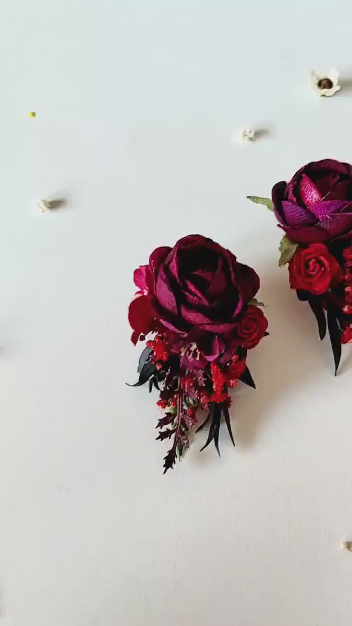 Burgundy Flower Stud Earrings: Dark Red Wedding Jewelry