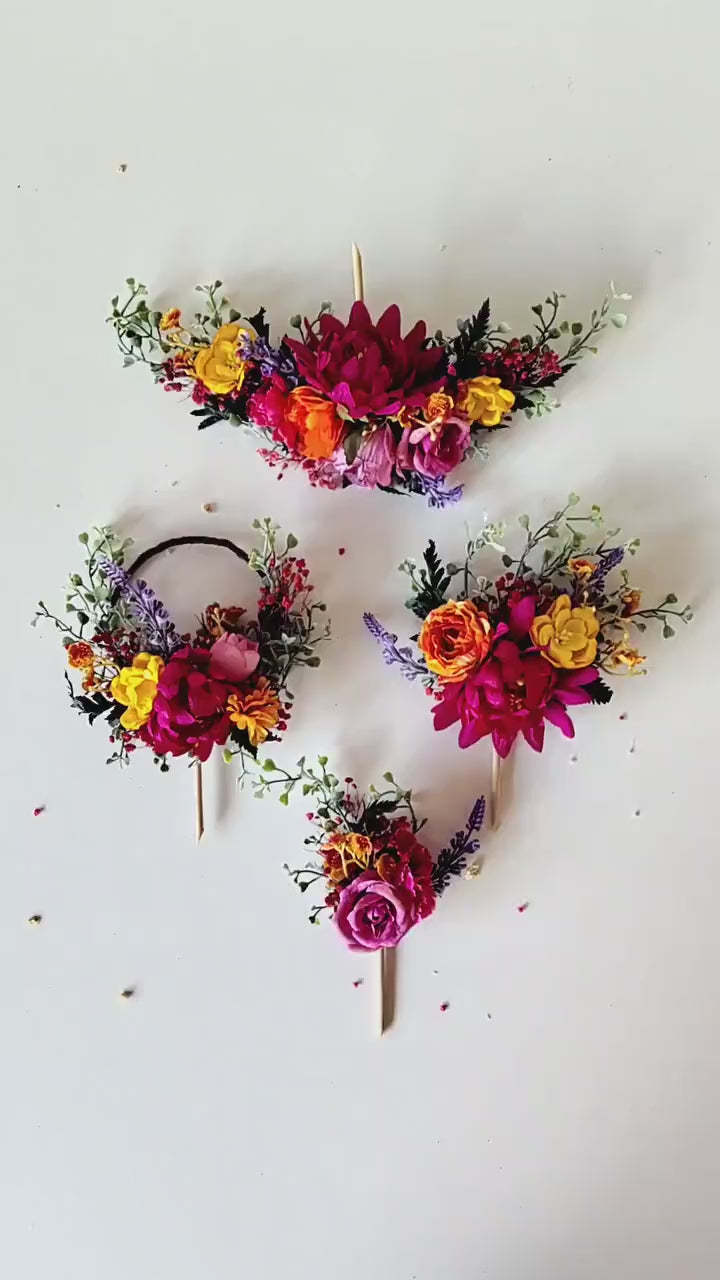 Magenta Boho Flower Cake Toppers: Summer Wedding Decoration, Set of 4